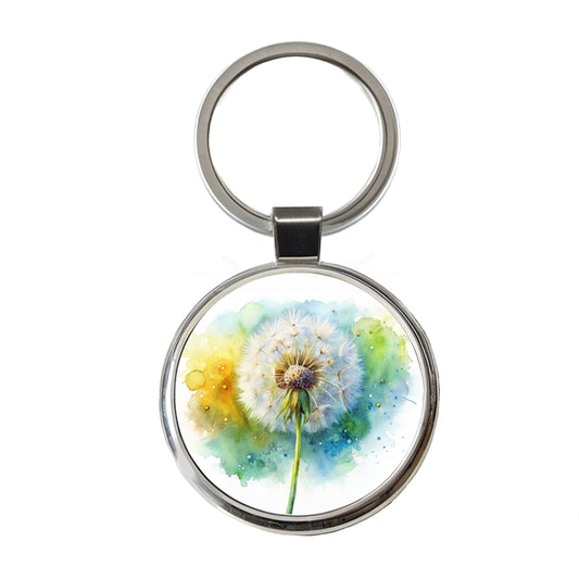 Dandelion Watercolor Round Metal Keychain
