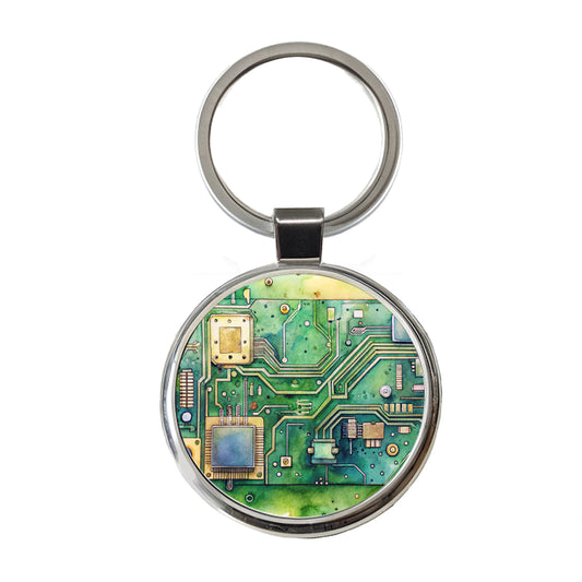 Detailed Circuit Board Watercolor Round Metal Keychain