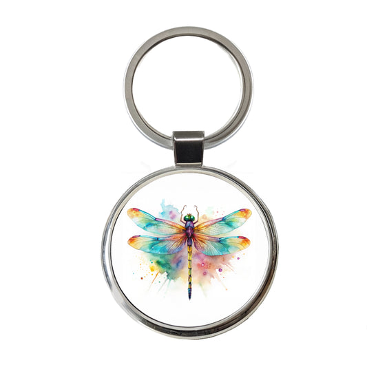 Dragonfly Colorful Background Watercolor Round Metal Keychain