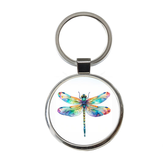 Dragonfly Rainbow Watercolor Round Metal Keychain