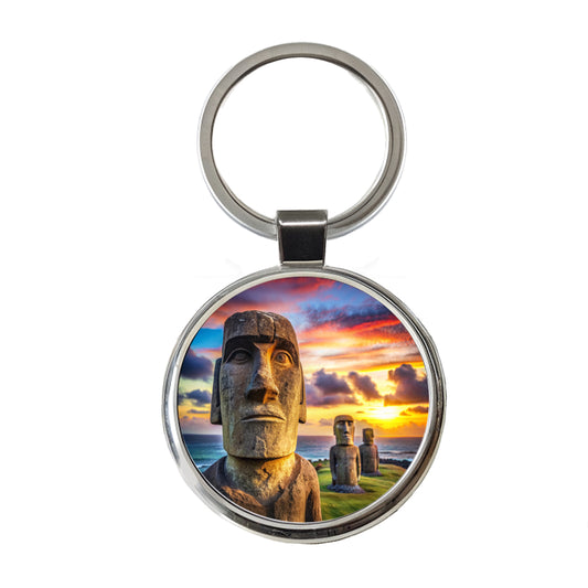 Easter Island Statues At Sunset Watercolor Round Metal Keychain