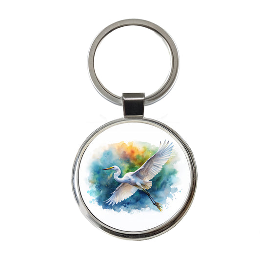 Egret In Flight Watercolor Round Metal Keychain