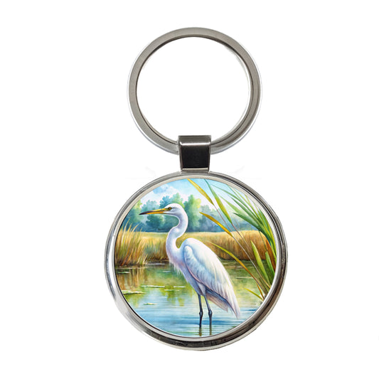 Egret Standing In Marshes Watercolor Round Metal Keychain