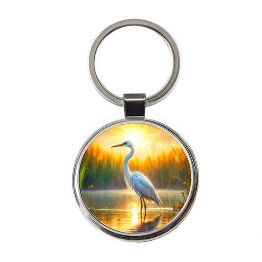 Egret Standing In Pond Backlit By The Sun Watercolor Round Metal Keychain