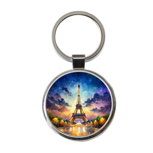 Eiffel Tower At Night Watercolor Round Metal Keychain