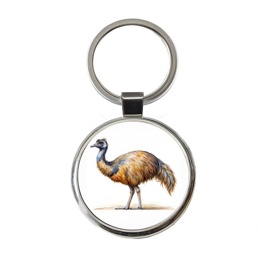 Emu Standing Watercolor Round Metal Keychain
