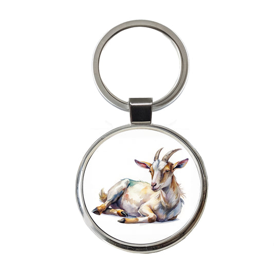 Fainting Goat Lying On Its Side Watercolor Round Metal Keychain