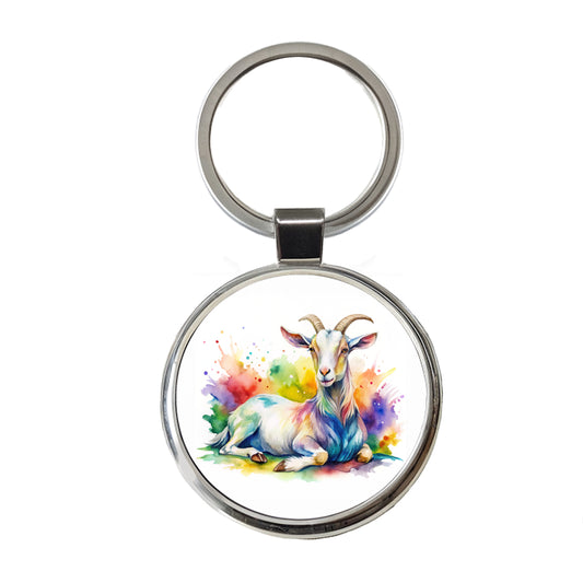 Fainting Goat Rainbow Colorful Watercolor Round Metal Keychain