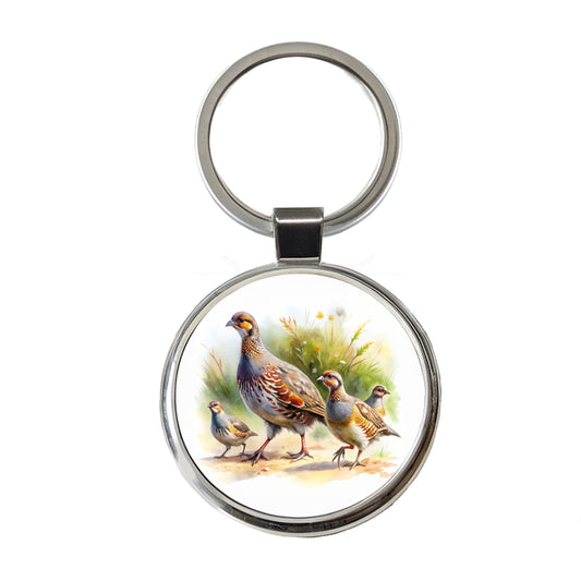 Family Of Partridges Running Watercolor Round Metal Keychain