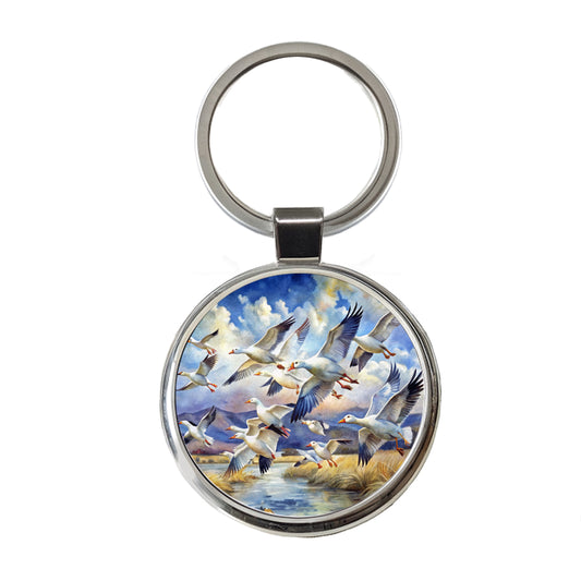 Flock Of Snow Geese In Flight Watercolor Round Metal Keychain