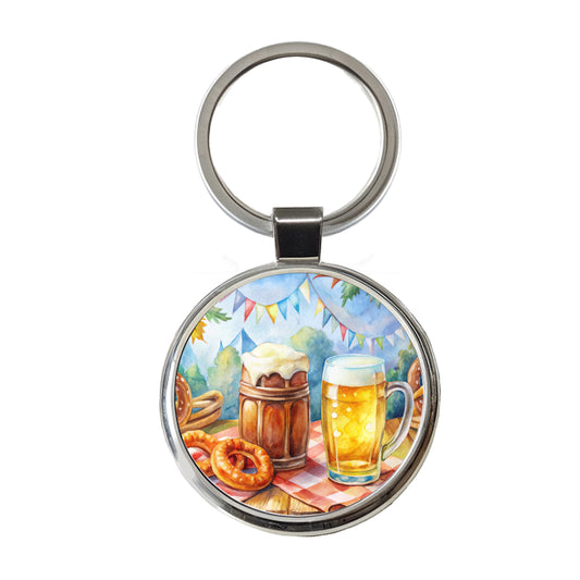 German Oktoberfest Beer Pretzel Watercolor Round Metal Keychain