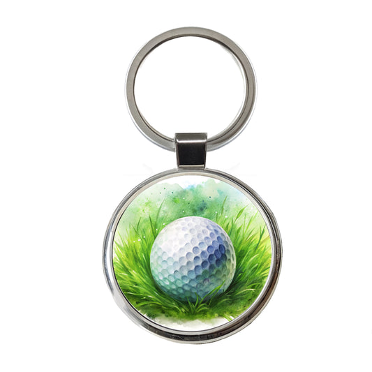 Golf Ball On Grass Watercolor Round Metal Keychain