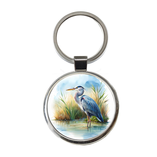 Great Blue Heron Standing In Marsh Pond Watercolor Round Metal Keychain