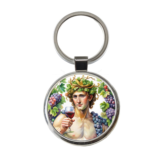 Greek God Bacchus With Wine And Grapes Round Metal Keychain