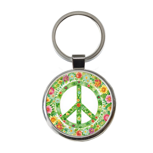 Green Peace Symbol Hippie Floral Watercolor Round Metal Keychain