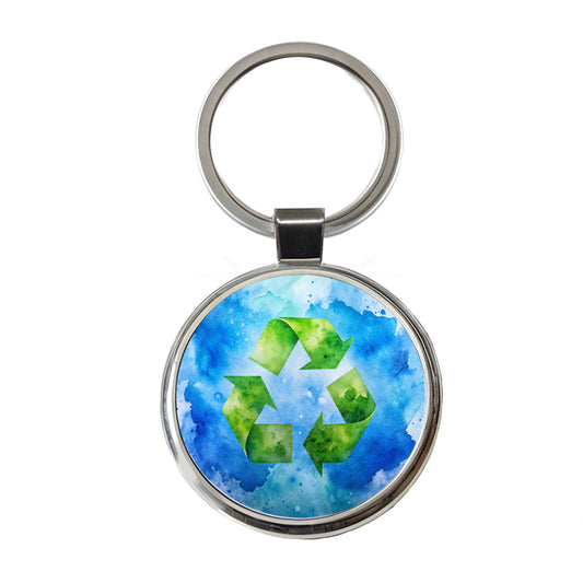 Green Recycle Symbol On A Blue Background Watercolor Round Metal Keychain