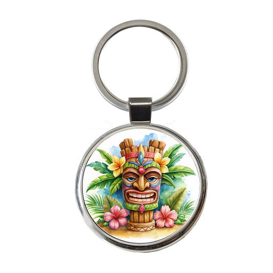 Hawaiian Tiki Statue Watercolor Round Metal Keychain