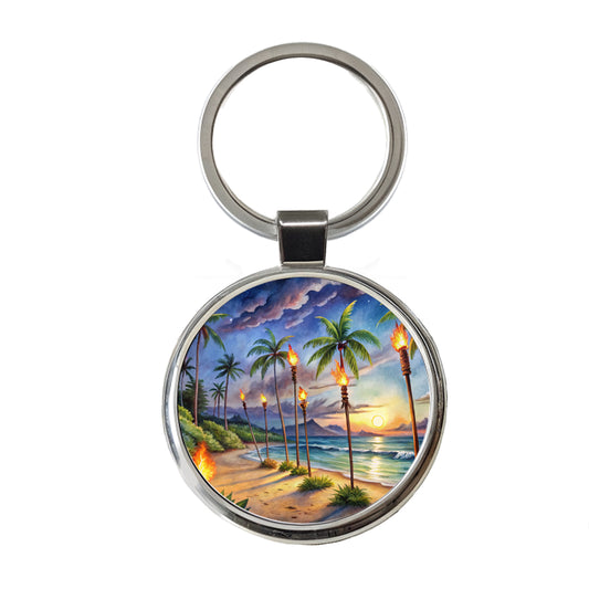 Hawaiian Tropical Beach Scene At Night Lit With Tiki Torches Round Metal Keychain