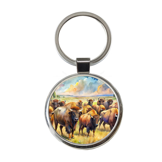 Herd Of Buffalo Bison On The Prairie Watercolor Round Metal Keychain