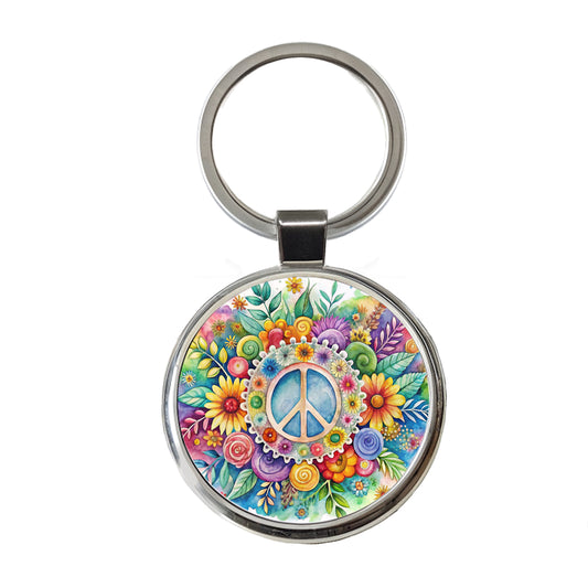 Hippie Peace Symbol Watercolor Round Metal Keychain