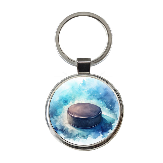 Hockey Puck On Ice Watercolor Round Metal Keychain