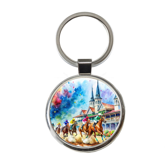 Horse Racing Derby Watercolor Round Metal Keychain