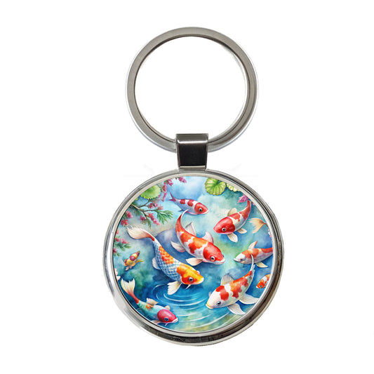 Japanese Koi Pond Scene Watercolor Round Metal Keychain