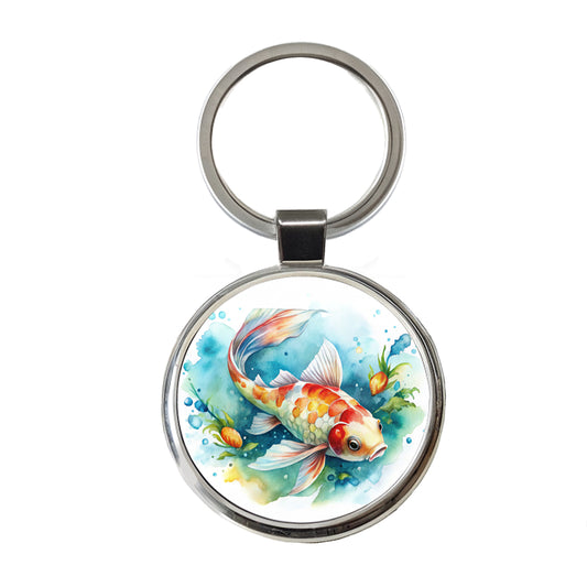 Koi Fish Watercolor Round Metal Keychain