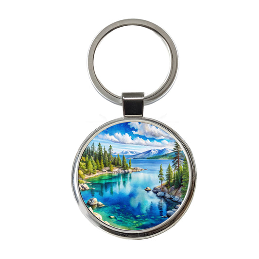 Lake Tahoe California Watercolor Round Metal Keychain