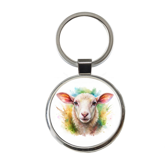 Lamb Face Watercolor Round Metal Keychain