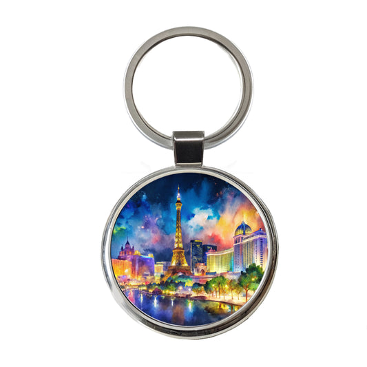 Las Vegas Strip At Night Watercolor Round Metal Keychain