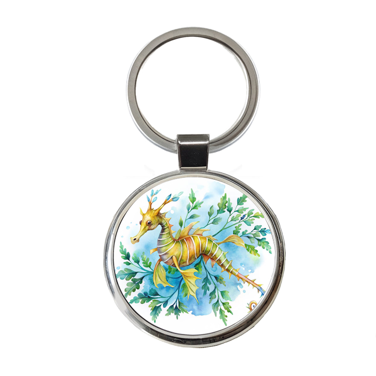 Leafy Seadragon Swimming Watercolor Round Metal Keychain