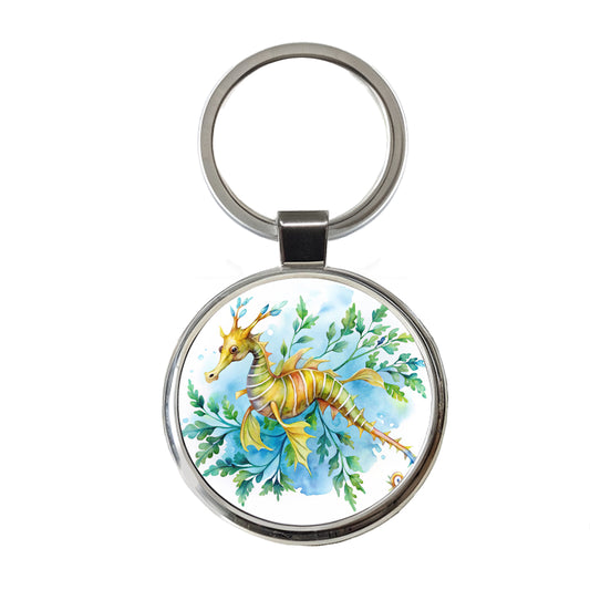 Leafy Seadragon Swimming Watercolor Round Metal Keychain