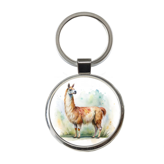 Llama Standing Watercolor Round Metal Keychain