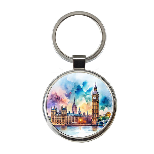 London Big Ben Scene Watercolor Round Metal Keychain