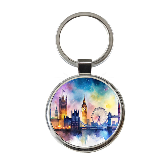London Skyline At Night Scene Watercolor Round Metal Keychain