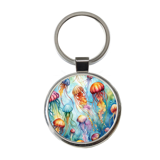 Lots Of Jellyfish Underwater Watercolor Round Metal Keychain