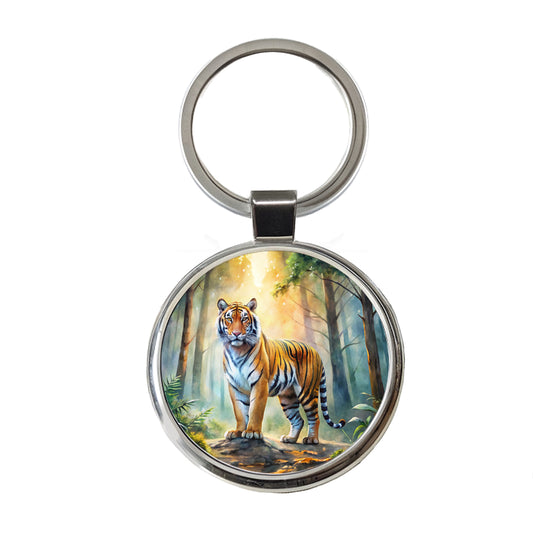 Majestic Tiger Standing In Forest Watercolor Round Metal Keychain