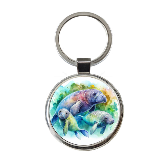 Manatees Family Watercolor Round Metal Keychain