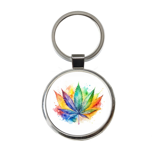 Marijuana Leaf Rainbow Watercolor Round Metal Keychain