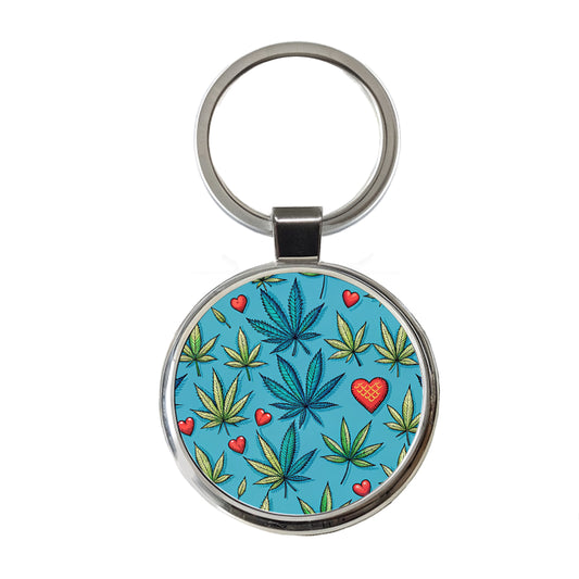 Marijuana Leaves And Hearts Blue Background Round Metal Keychain