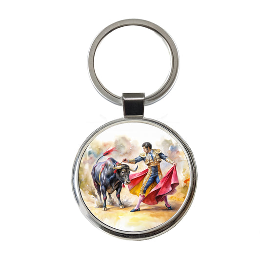 Matador And Bull Fighting In Ring Watercolor Round Metal Keychain