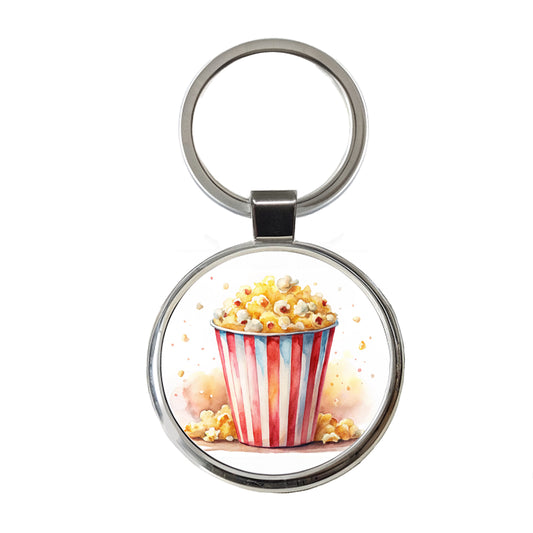 Movie Theater Popcorn Bucket Watercolor Round Metal Keychain