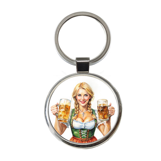 Oktoberfest German Barmaid With A Beer Mugs Round Metal Keychain