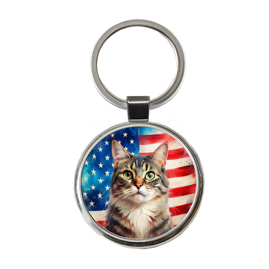 Patriotic Cat Watercolor American Flag Background Round Metal Keychain