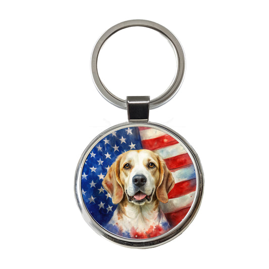 Patriotic Dog Watercolor American Flag Background Round Metal Keychain