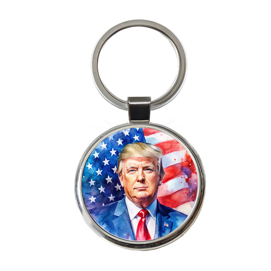 Patriotic Donald Trump American Flag Background Watercolor Round Metal Keychain