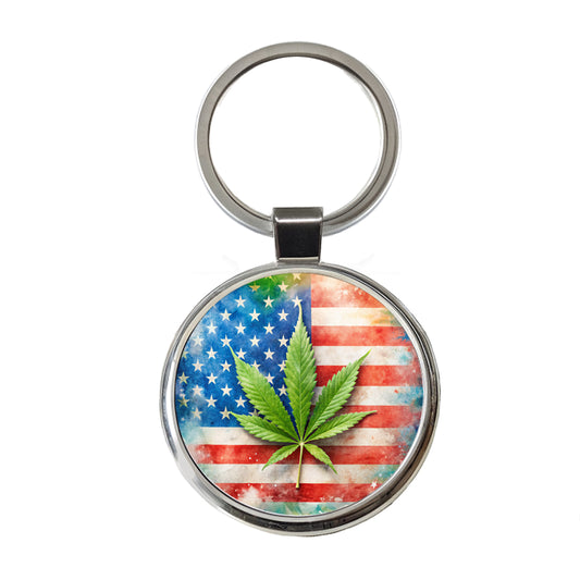 Patriotic Marijuana Leaf on American Flag Background Round Metal Keychain