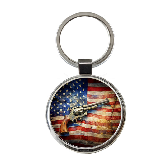 Patriotic Western Revolver With American Flag 2nd Amendment Watercolor Round Metal Keychain