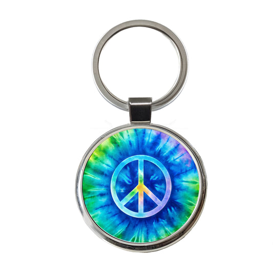 Peace Symbol Rainbow Hippie Tie Dye Background Round Metal Keychain